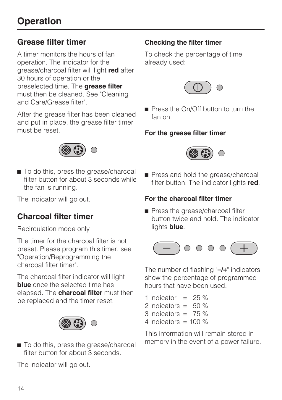 Grease filter timer 14, Operation, Grease filter timer | Charcoal filter timer | Miele DA5190W User Manual | Page 14 / 40