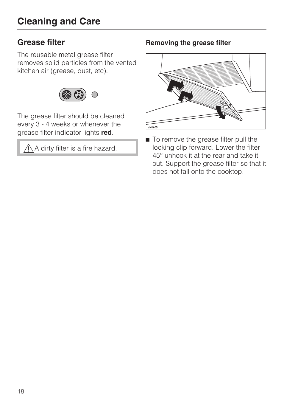 Grease filter 18, Cleaning and care | Miele DA5190W User Manual | Page 18 / 40