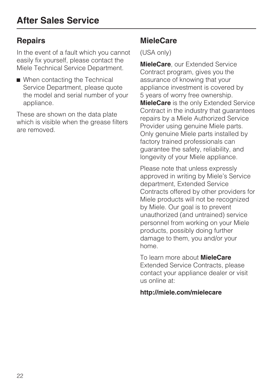 After sales service 22, After sales service, Repairs | Mielecare | Miele DA5190W User Manual | Page 22 / 40