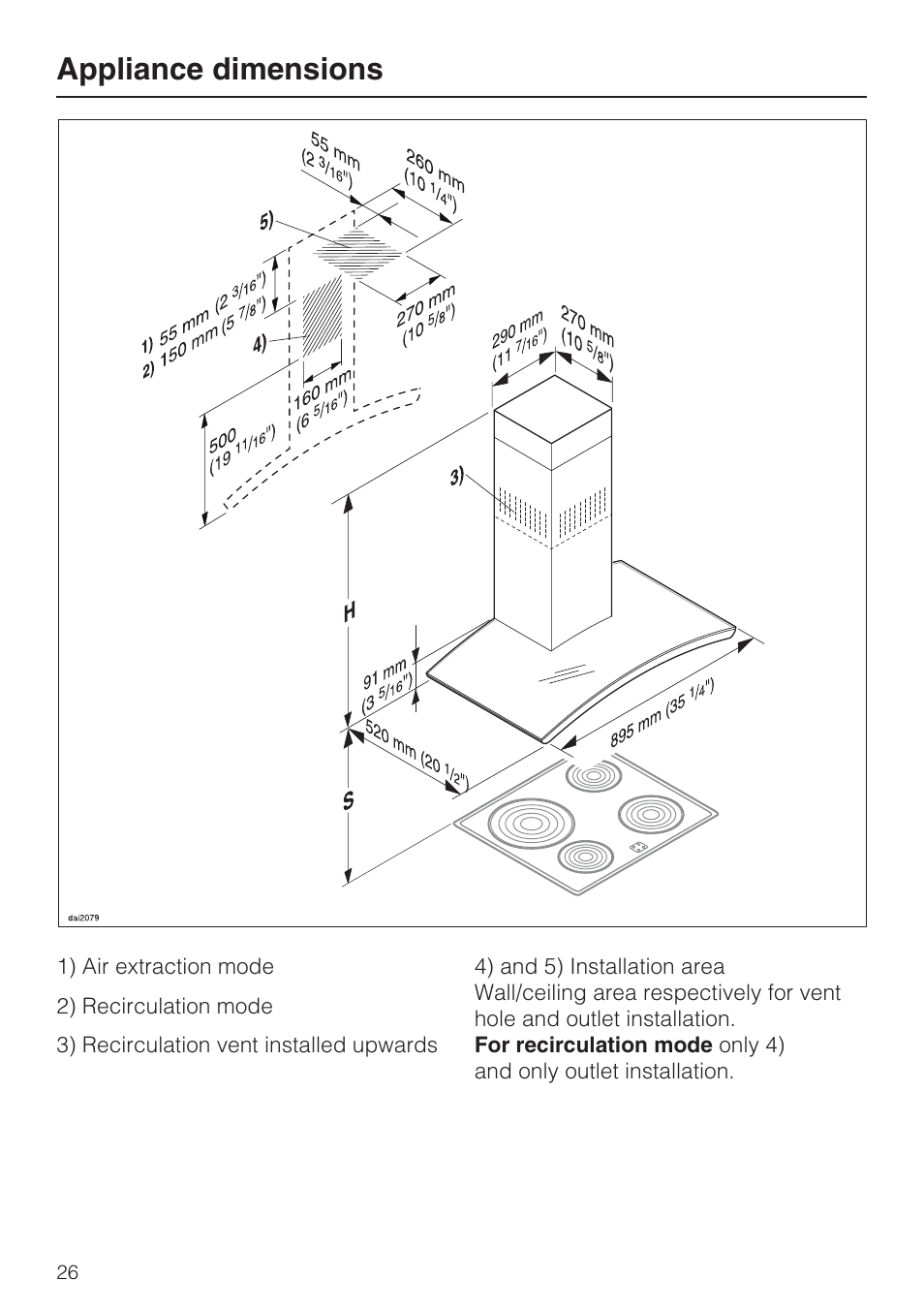 Appliance dimensions 26, Appliance dimensions | Miele DA5190W User Manual | Page 26 / 40
