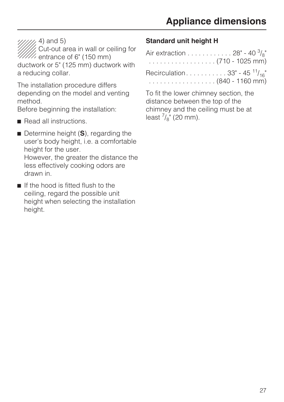 Distance between cooktop and hood (s) 27, Appliance dimensions | Miele DA5190W User Manual | Page 27 / 40