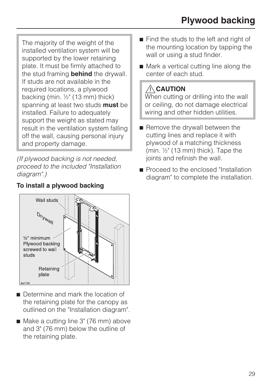 Plywood backing 29, Plywood backing | Miele DA5190W User Manual | Page 29 / 40