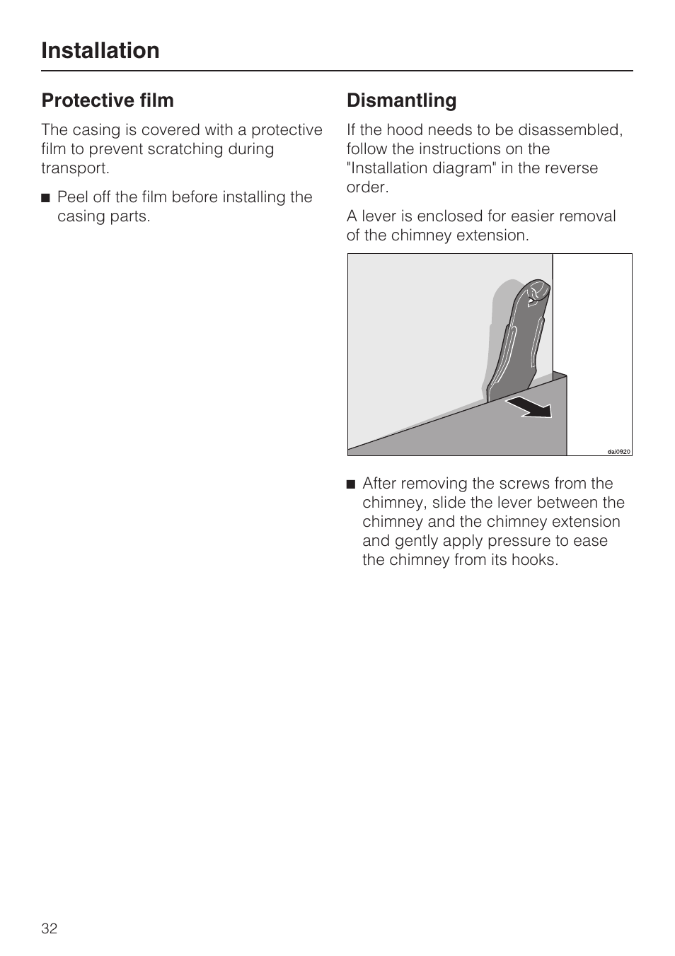 Installation instructions 32, Dismantling 32, Installation | Protective film, Dismantling | Miele DA5190W User Manual | Page 32 / 40