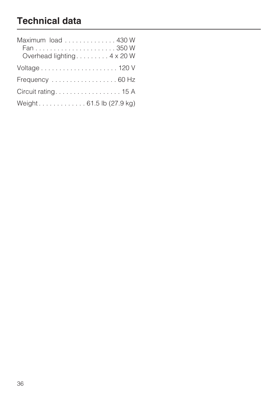 Technical data 36, Technical data | Miele DA5190W User Manual | Page 36 / 40