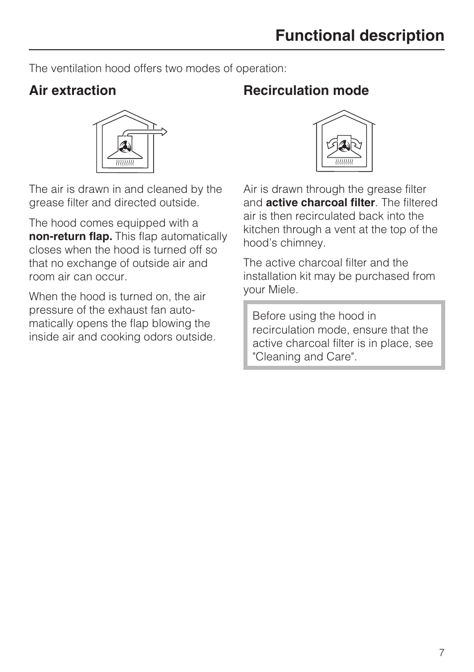 Functional description 7, Functional description, Air extraction | Recirculation mode | Miele DA5190W User Manual | Page 7 / 40
