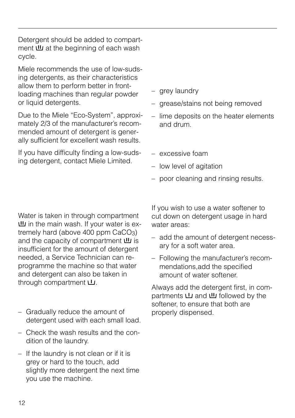 Adding detergent 12, Adding detergent | Miele W 1918 User Manual | Page 12 / 48