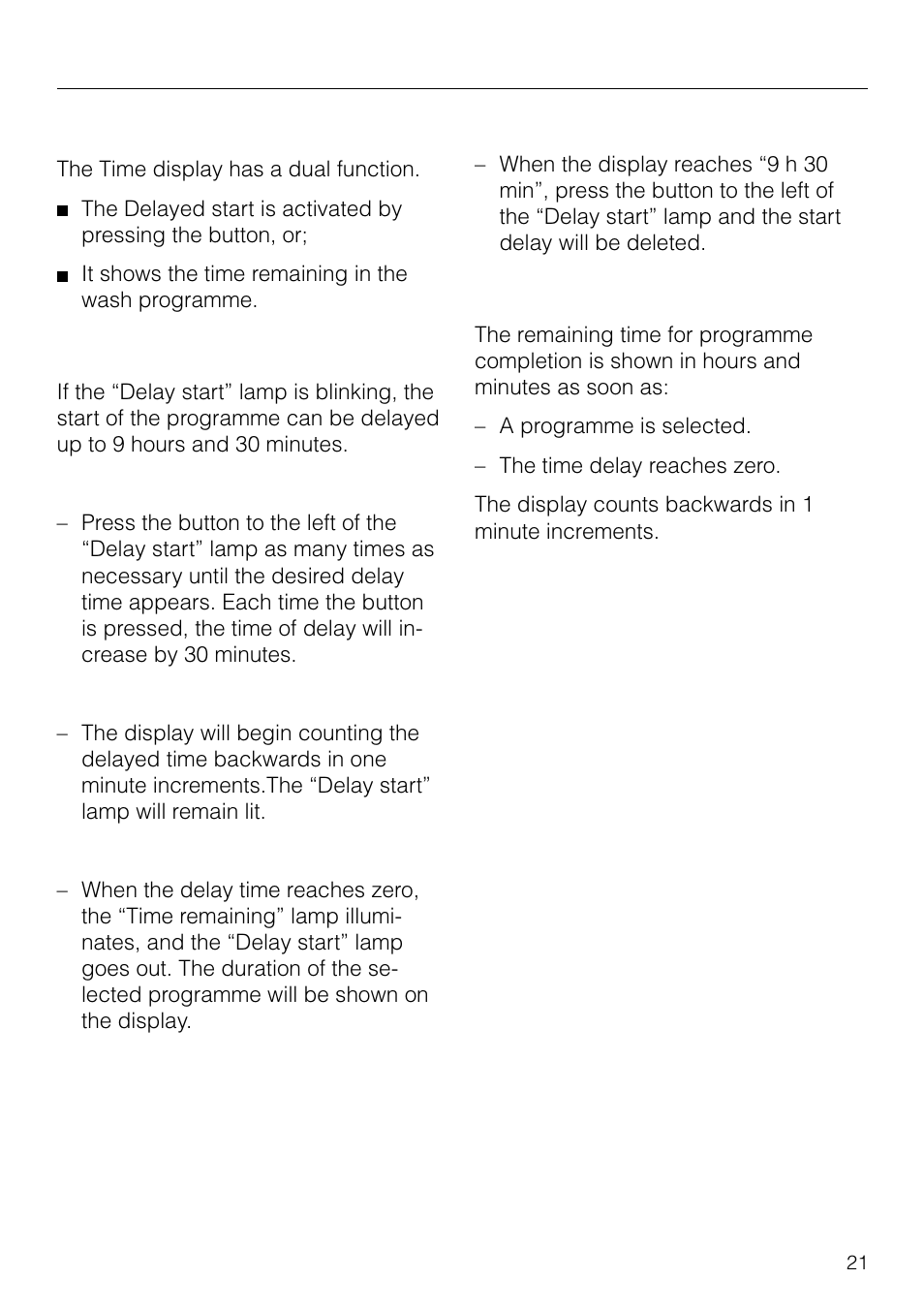 Delay start/time remaining indicator 21, Operating instructions, Delay start/time remaining indicator | Time display “h:min | Miele W 1918 User Manual | Page 21 / 48