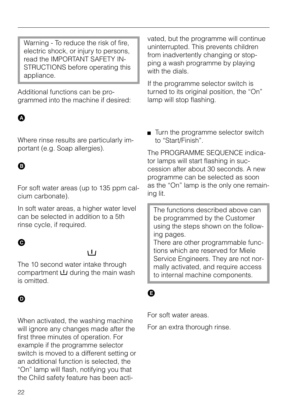Programmable functions 22, User maintenance instruction, Programmable functions | Miele W 1918 User Manual | Page 22 / 48