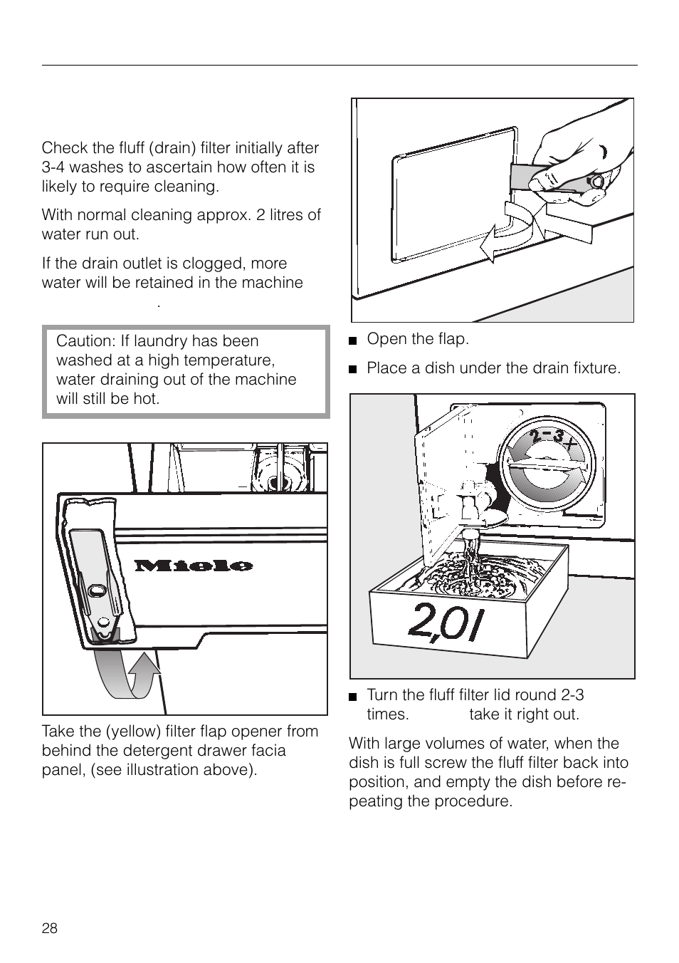 User maintenance cleaning and care, Cleaning the fluff (drain) filter and pump | Miele W 1918 User Manual | Page 28 / 48