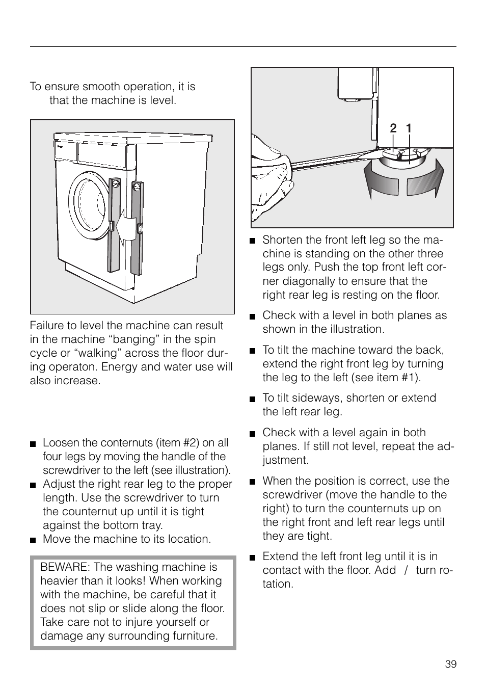 Installation instructions, Levelling the machine | Miele W 1918 User Manual | Page 39 / 48