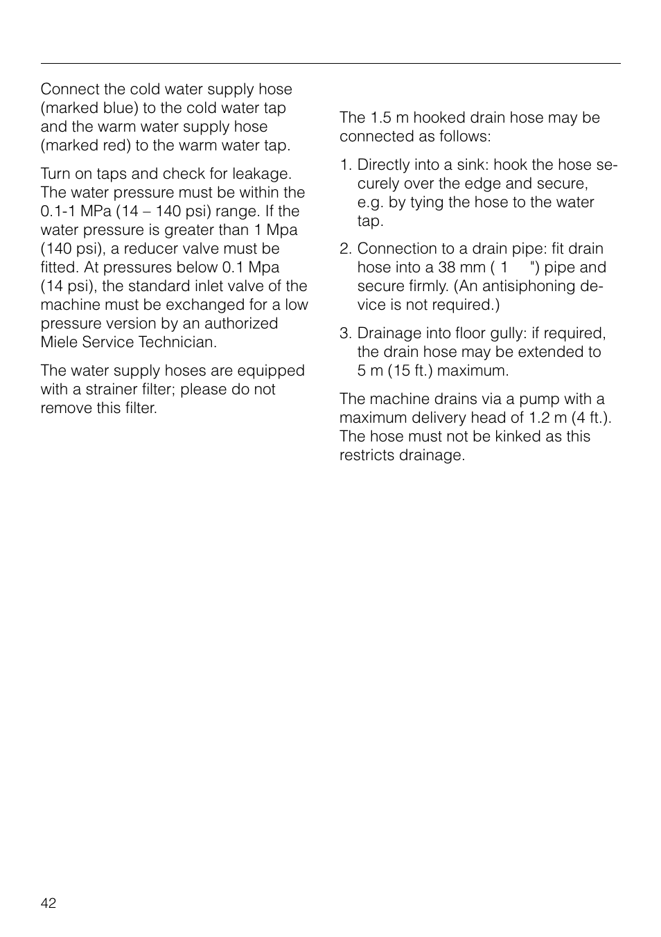 Plumbing 42, Electrical connection 43, Technical data 45 | Plumbing | Miele W 1918 User Manual | Page 42 / 48