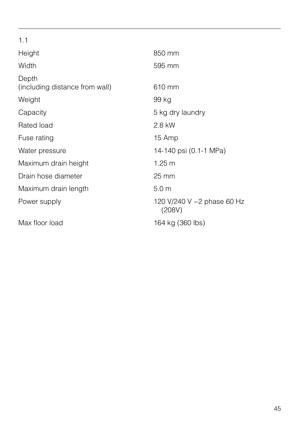 Technical data 45, Adding fabric softener or starch, Technical data | Miele W 1918 User Manual | Page 45 / 48