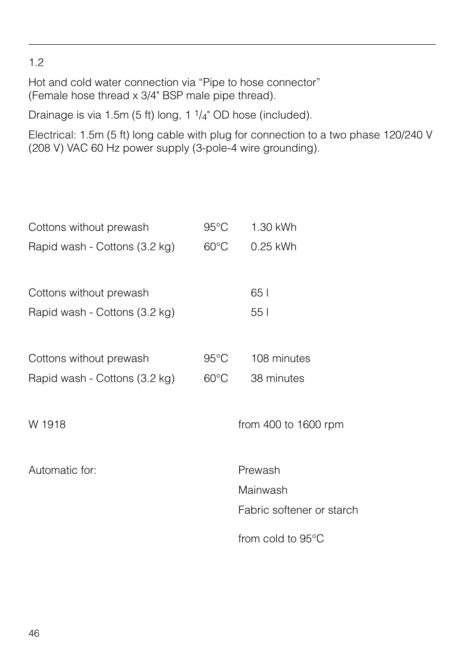 Technical data | Miele W 1918 User Manual | Page 46 / 48