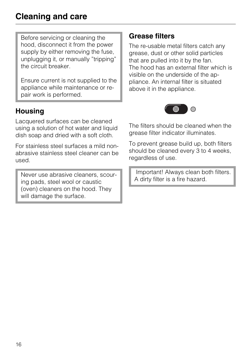 Cleaning and care, Housing 16, Grease filters 16 | Housing grease filters, Housing, Grease filters | Miele DA 337 I User Manual | Page 16 / 44