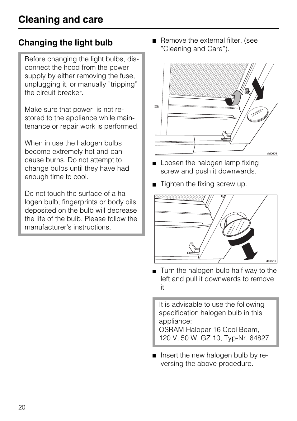 Changing the light bulb 20, Changing the light bulb, Cleaning and care | Miele DA 337 I User Manual | Page 20 / 44