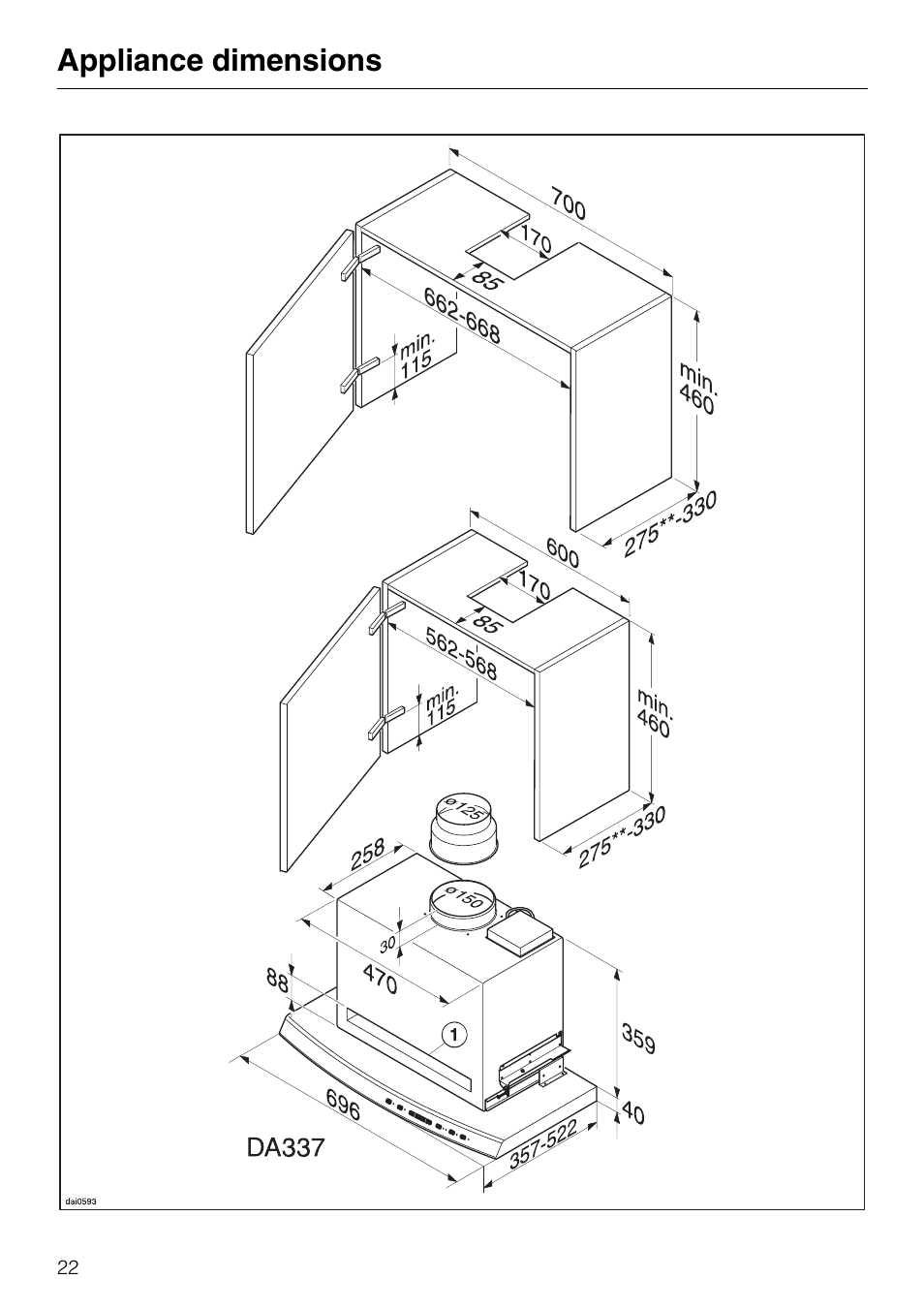 Appliance dimensions 22, Appliance dimensions | Miele DA 337 I User Manual | Page 22 / 44