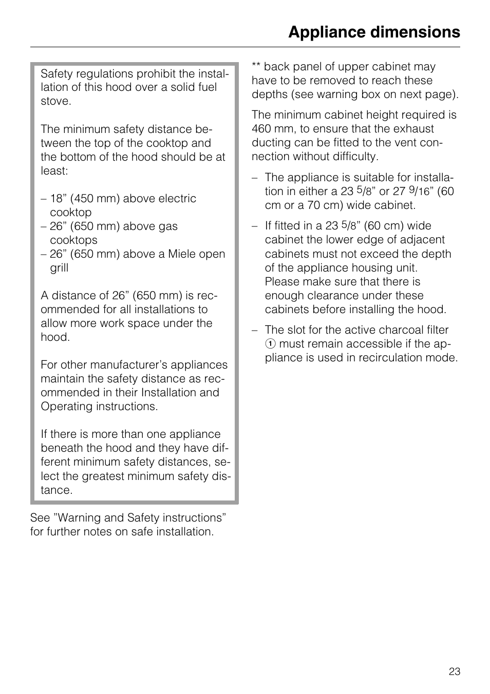 Appliance dimensions | Miele DA 337 I User Manual | Page 23 / 44