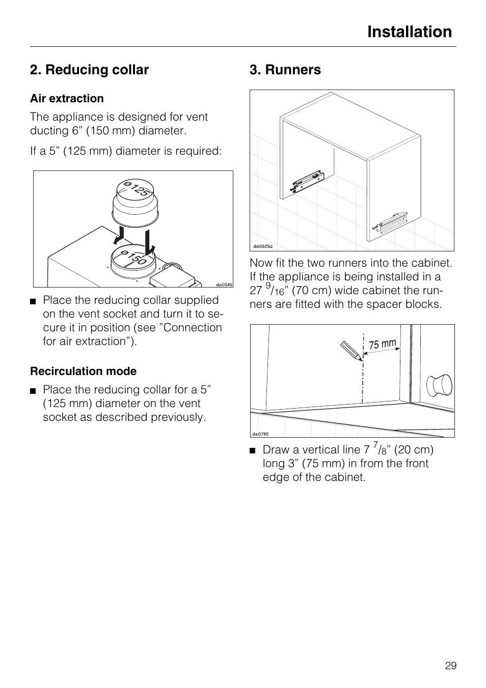 Hang the cabinet door 30, Hang the cabinet door, Installation | Reducing collar, Runners | Miele DA 337 I User Manual | Page 29 / 44