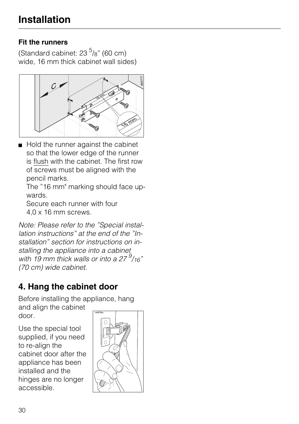 Position the appliance in the cabinet 30, Align the height of the appliance 31, Installation | Hang the cabinet door | Miele DA 337 I User Manual | Page 30 / 44