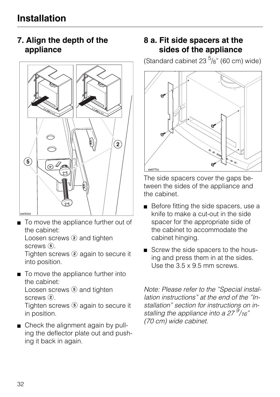 8 b. spacer strip for the rear of the appliance 33, 9 a. set up for vented extraction 33, Installation | Align the depth of the appliance | Miele DA 337 I User Manual | Page 32 / 44