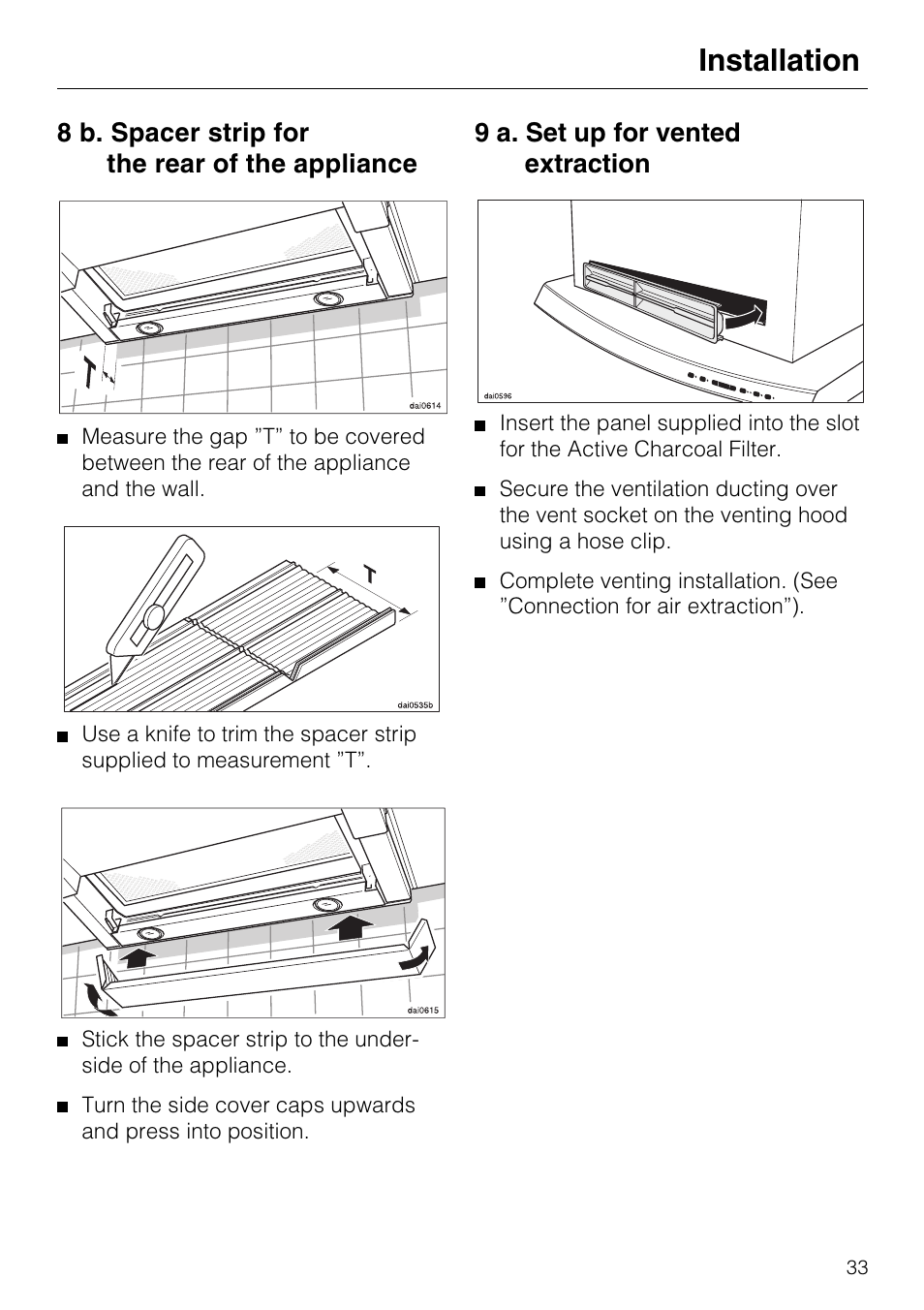 9 b. set up for recirculation mode connection 34, Electrical connection 34, Installation | Miele DA 337 I User Manual | Page 33 / 44