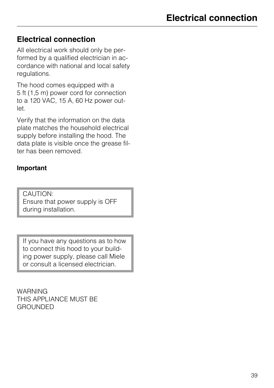 Technical data 40, Technical data, Electrical connection | Miele DA 337 I User Manual | Page 39 / 44