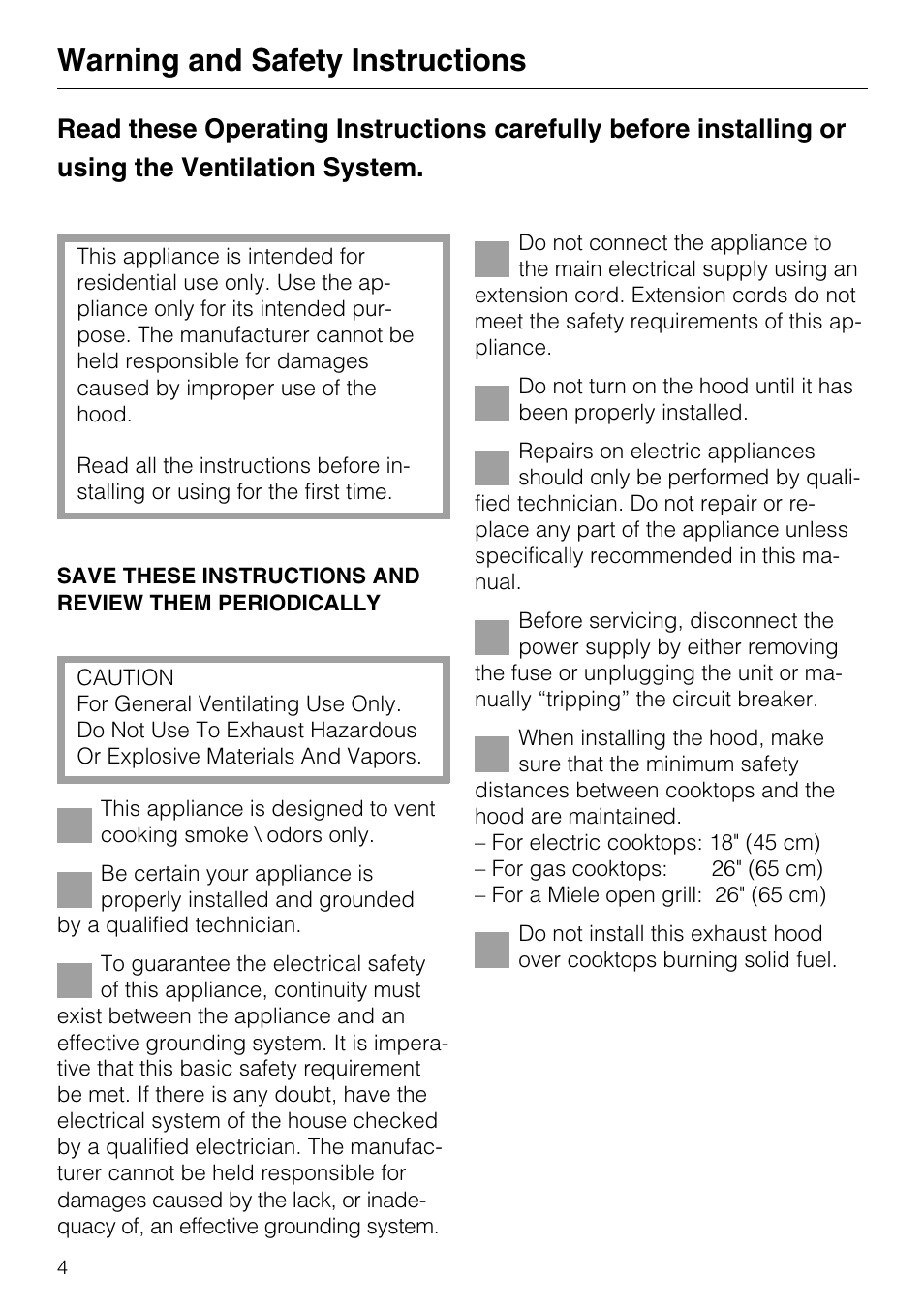 Warning and safety instructions 4, Warning and safety instructions | Miele DA 337 I User Manual | Page 4 / 44