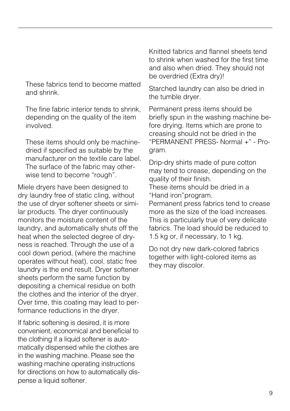 Notes on laundry care 9 | Miele NOVOTRONIC T 1515 User Manual | Page 9 / 28
