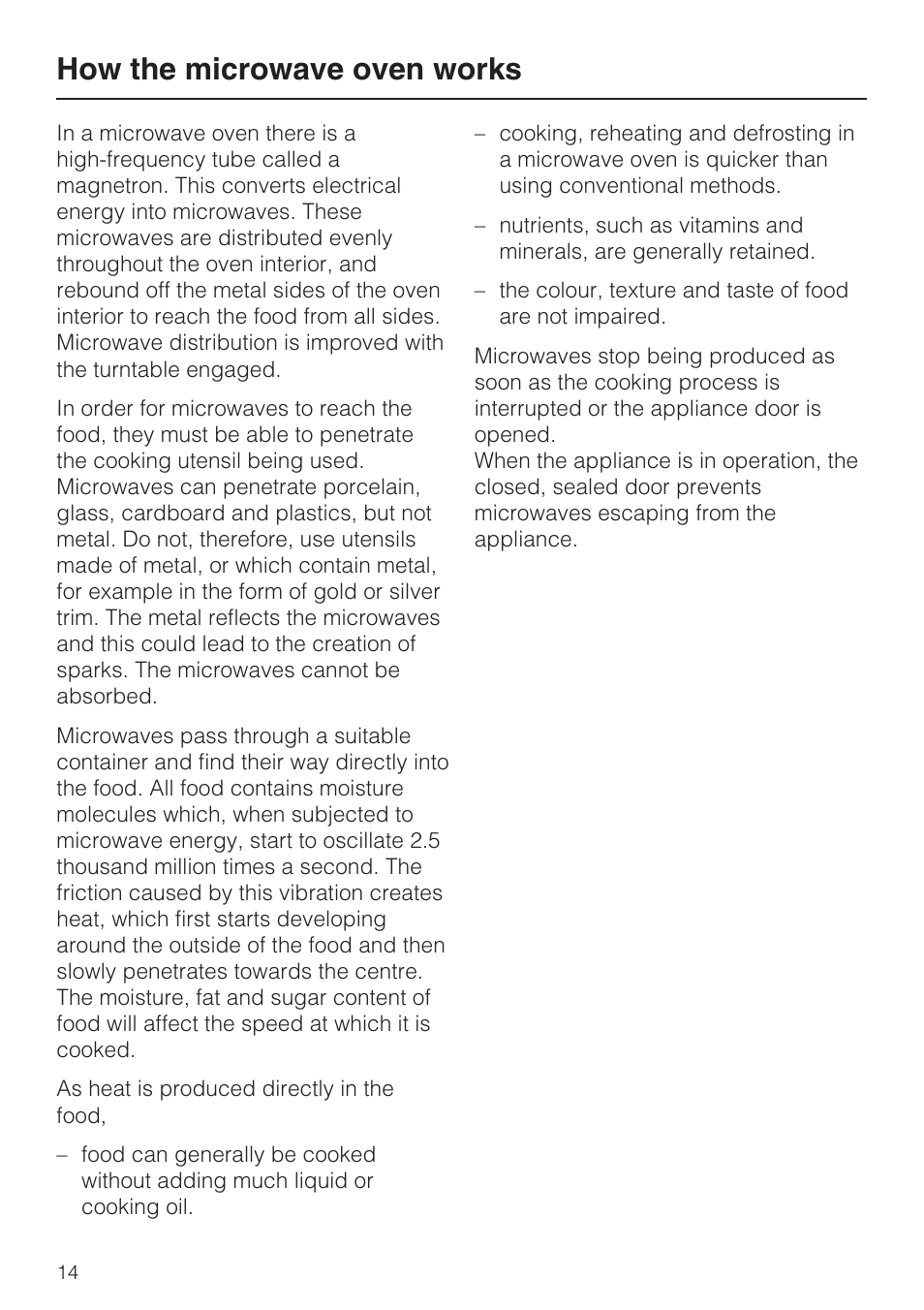 How the microwave oven works 14, How the microwave oven works | Miele M 8151-1 User Manual | Page 14 / 56