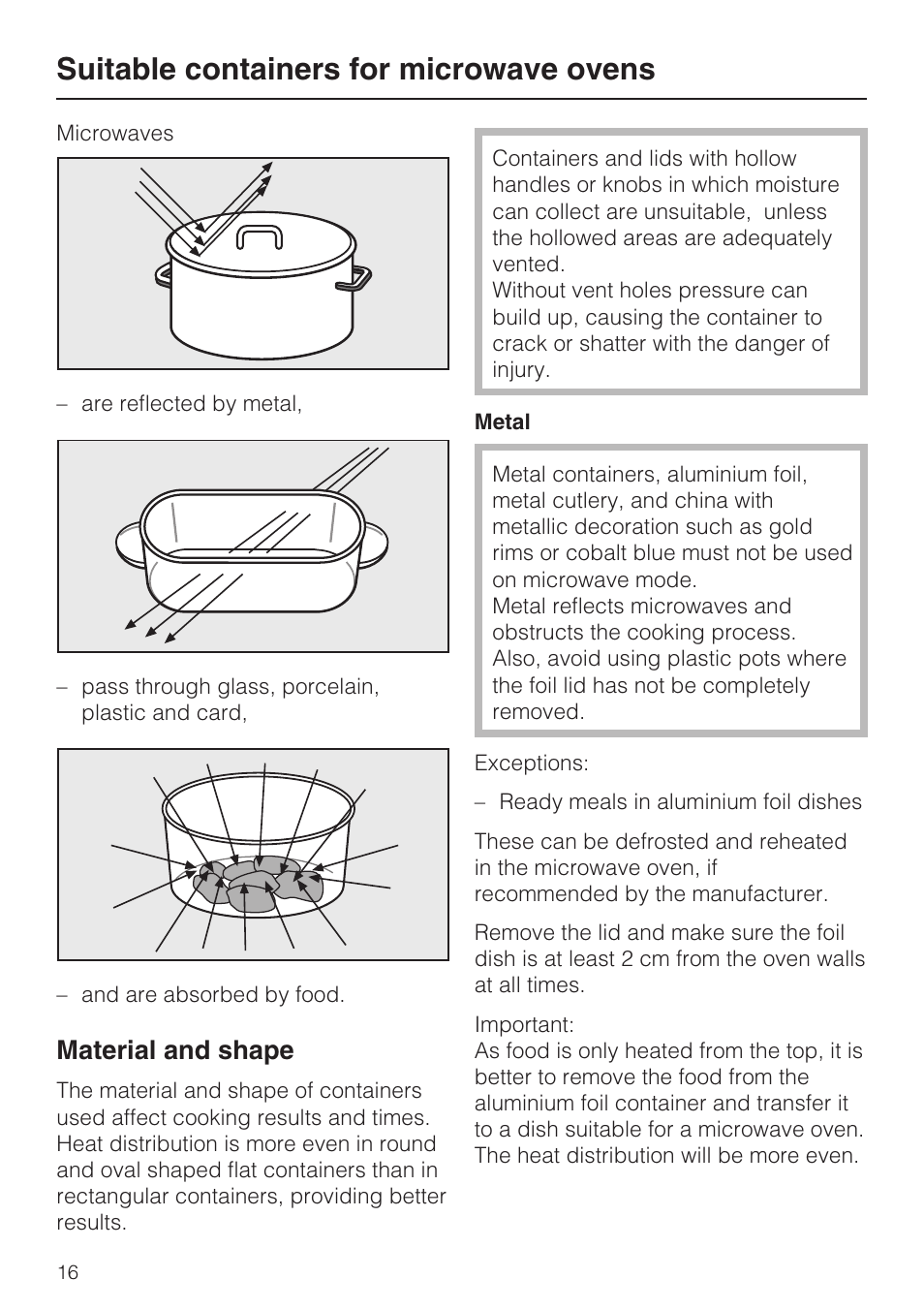 Suitable containers for microwave ovens 16, Material and shape 16, Suitable containers for microwave ovens | Material and shape | Miele M 8151-1 User Manual | Page 16 / 56