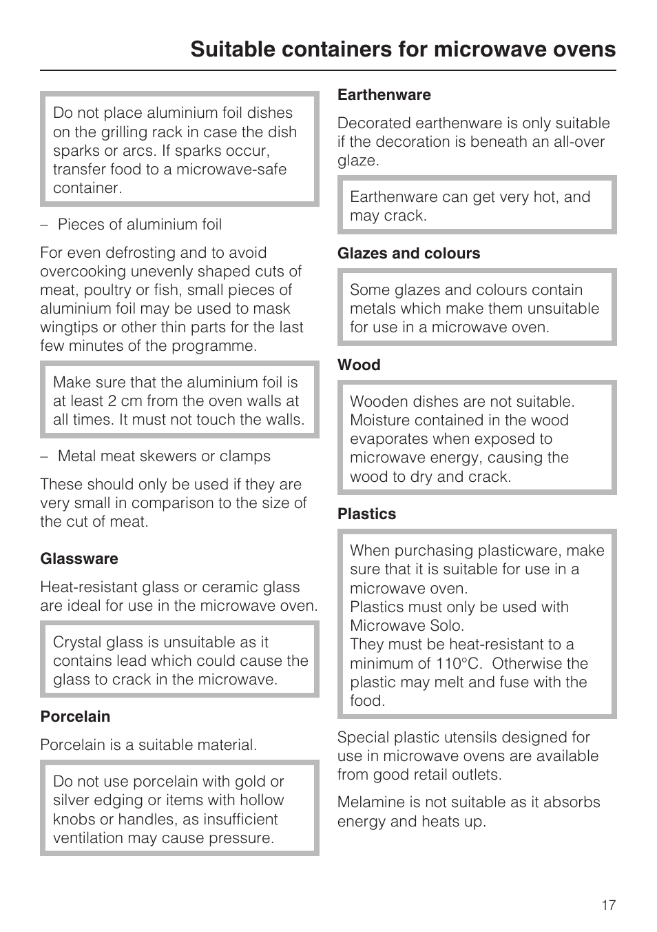 Suitable containers for microwave ovens | Miele M 8151-1 User Manual | Page 17 / 56