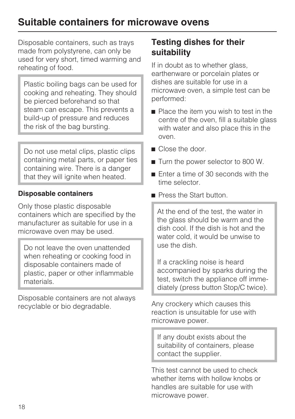 Testing dishes for their suitability 18, Suitable containers for microwave ovens, Testing dishes for their suitability | Miele M 8151-1 User Manual | Page 18 / 56