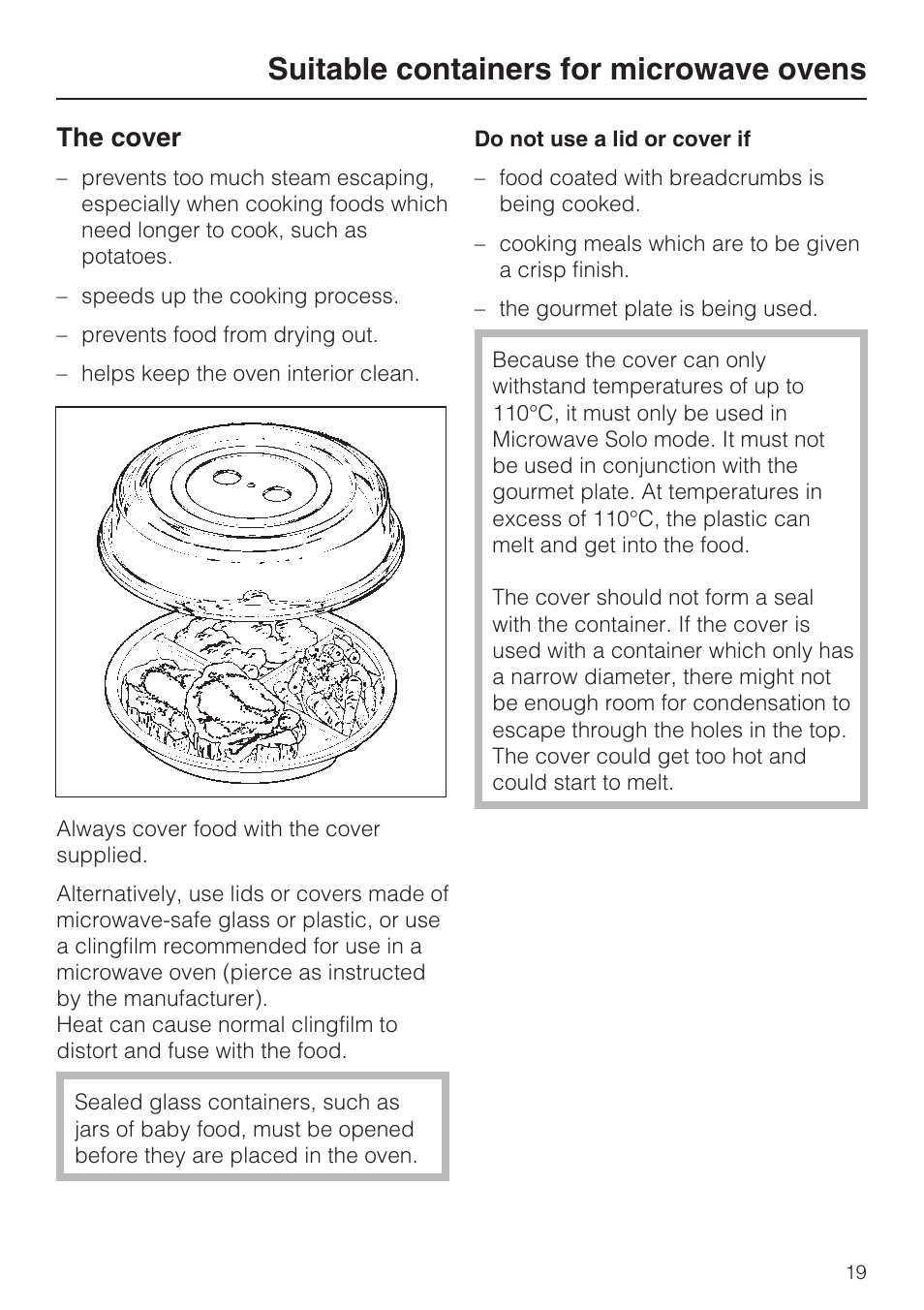 The cover 19, Suitable containers for microwave ovens, The cover | Miele M 8151-1 User Manual | Page 19 / 56