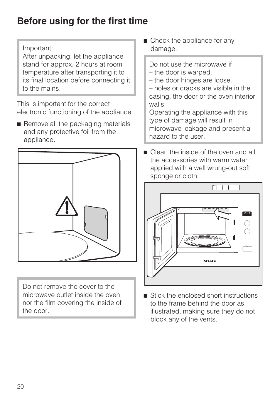 Before using for the first time 20, Before using for the first time | Miele M 8151-1 User Manual | Page 20 / 56