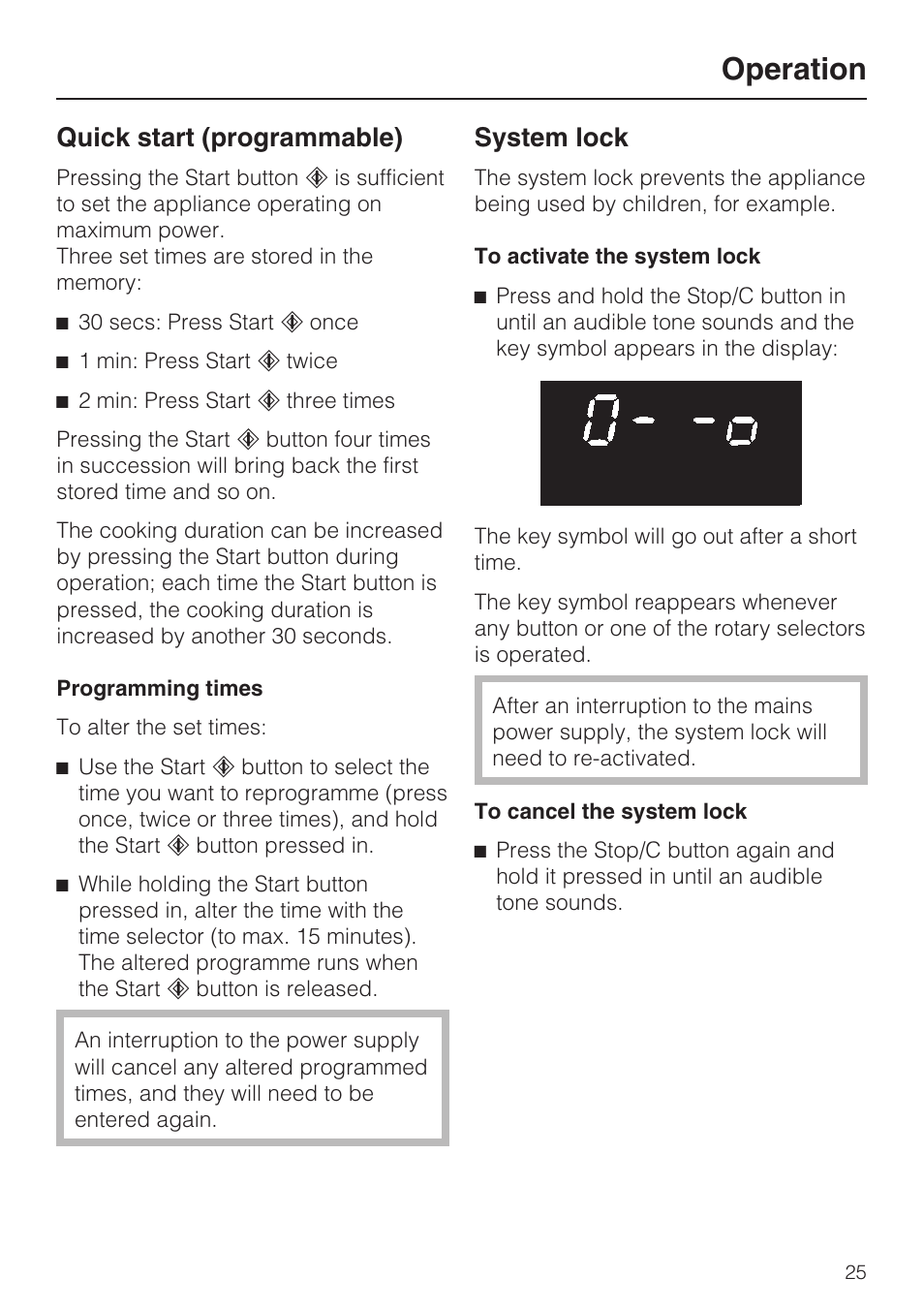 Quick start (programmable) 25, System lock 25, Operation | Quick start (programmable), System lock | Miele M 8151-1 User Manual | Page 25 / 56