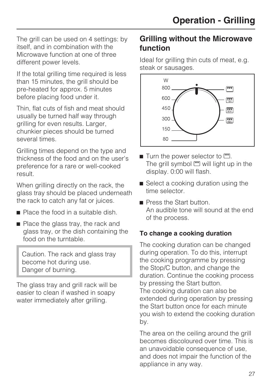 Operation - grilling 27, Operation - grilling, Grilling without the microwave function | Miele M 8151-1 User Manual | Page 27 / 56