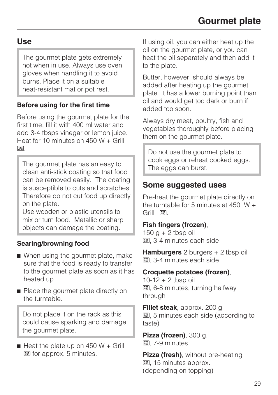 Gourmet plate 29, Use 29, Some suggested uses 29 | Gourmet plate, Some suggested uses | Miele M 8151-1 User Manual | Page 29 / 56