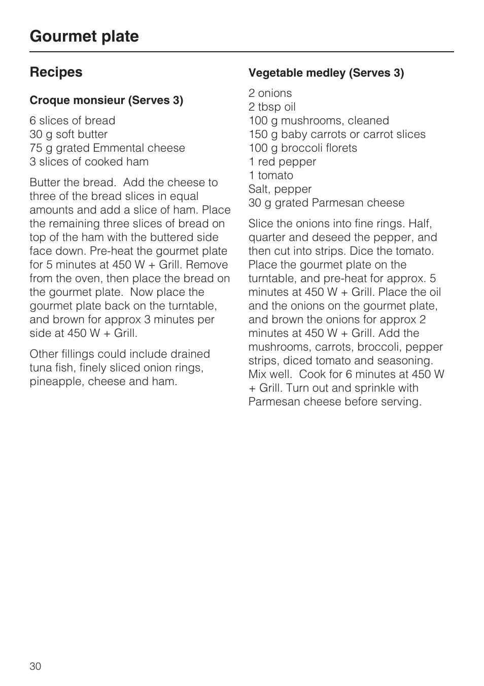 Recipes 30, Gourmet plate, Recipes | Miele M 8151-1 User Manual | Page 30 / 56