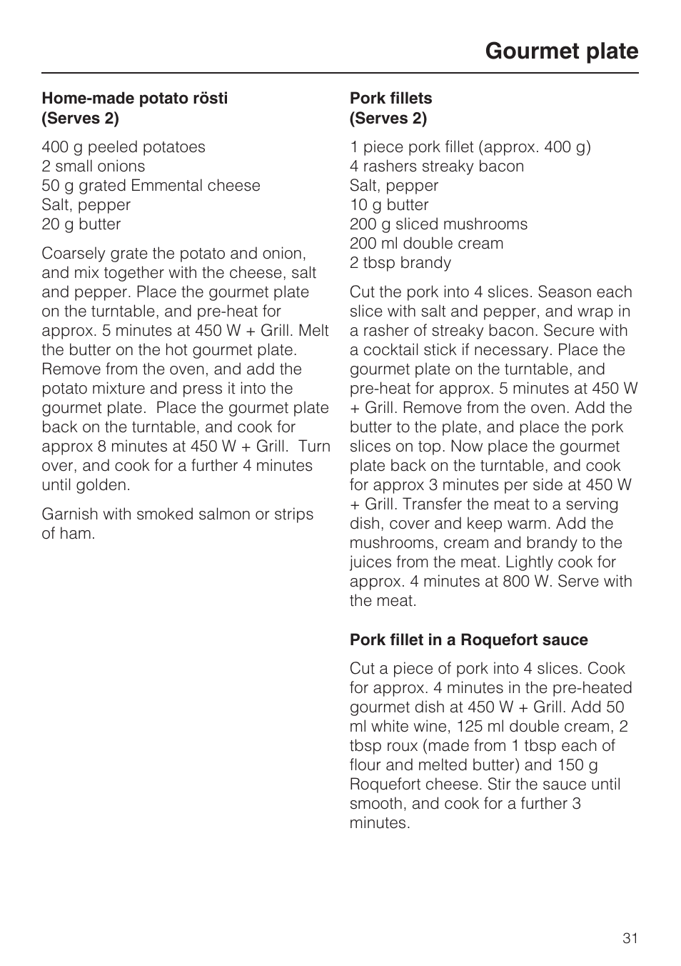 Gourmet plate | Miele M 8151-1 User Manual | Page 31 / 56
