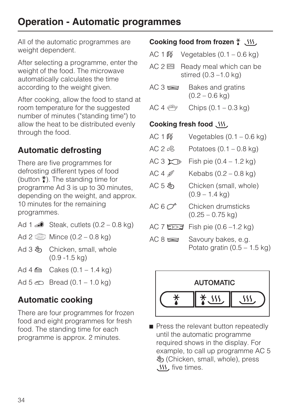 Operation - automatic programmes 34, Automatic defrosting 34, Automatic cooking 34 | Operation - automatic programmes, Automatic defrosting, Automatic cooking | Miele M 8151-1 User Manual | Page 34 / 56