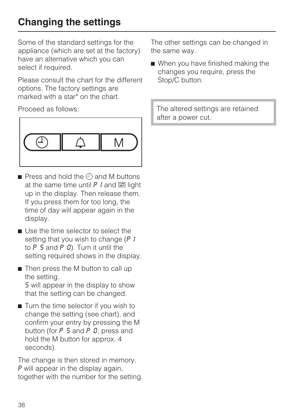 Changing the settings 38, Changing the settings | Miele M 8151-1 User Manual | Page 38 / 56