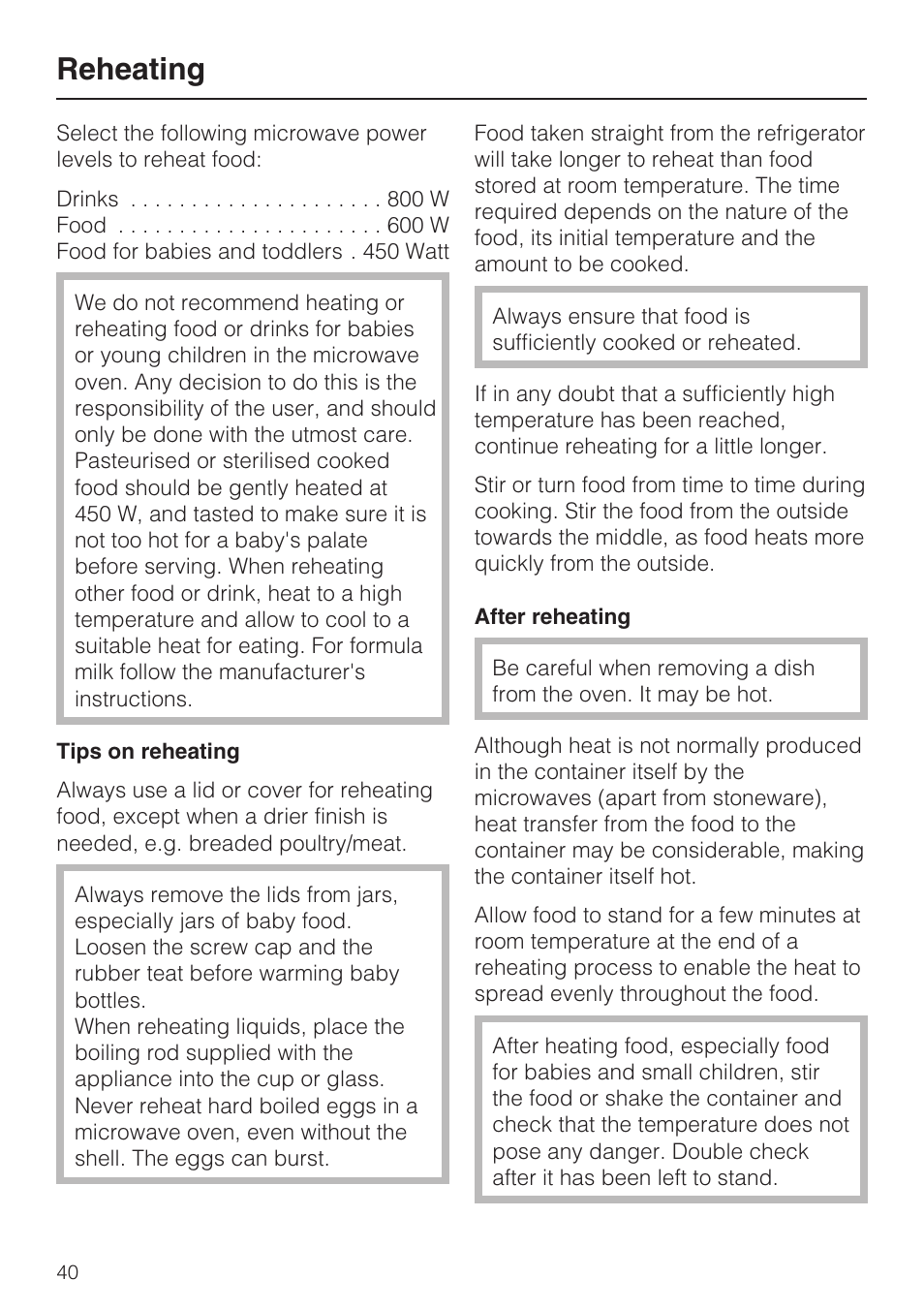Reheating 40, Reheating | Miele M 8151-1 User Manual | Page 40 / 56