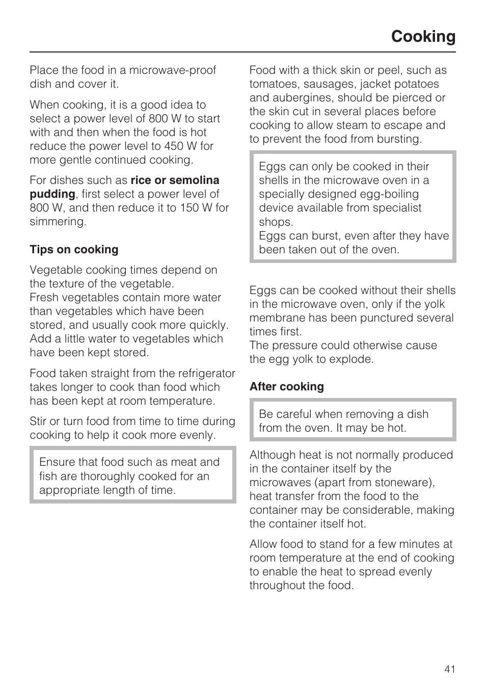 Cooking 41, Cooking | Miele M 8151-1 User Manual | Page 41 / 56