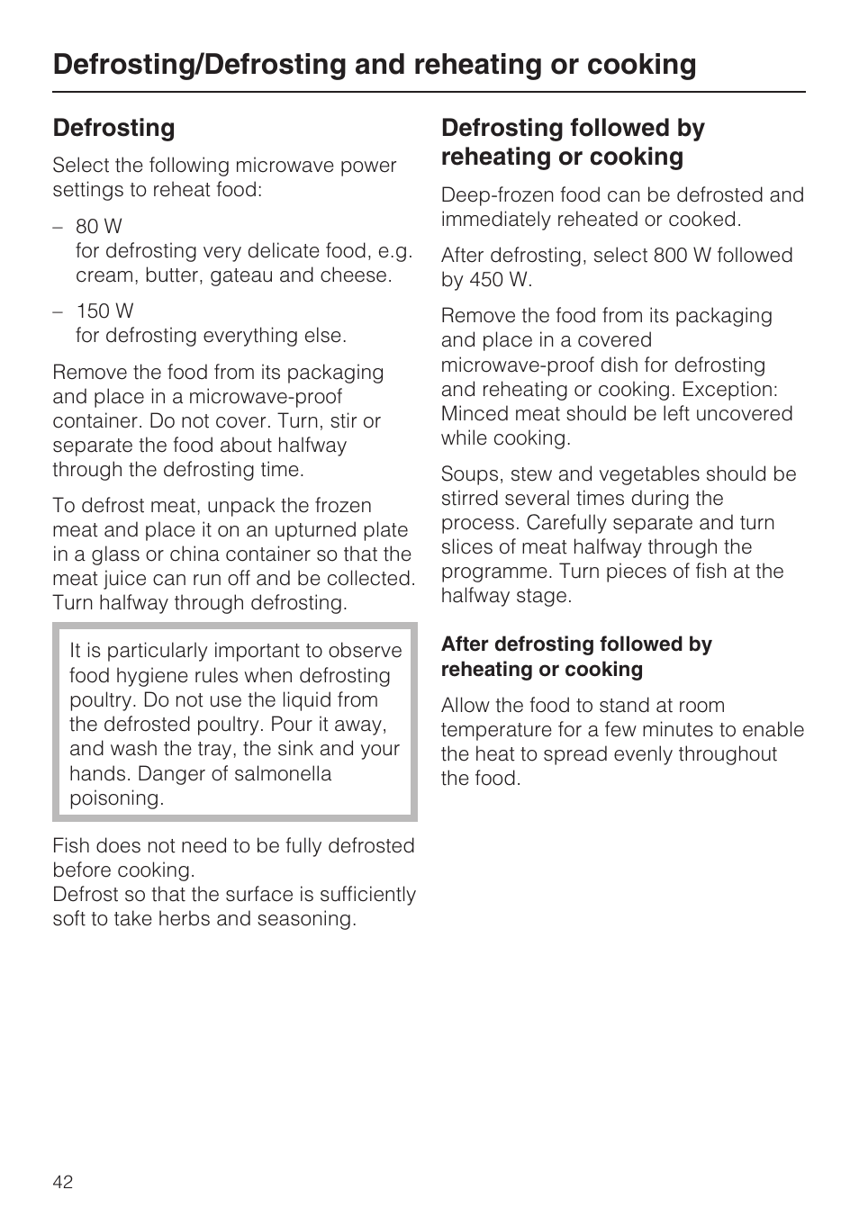 Defrosting/defrosting and reheating or cooking 42, Defrosting/defrosting and reheating or cooking, Defrosting | Defrosting followed by reheating or cooking | Miele M 8151-1 User Manual | Page 42 / 56