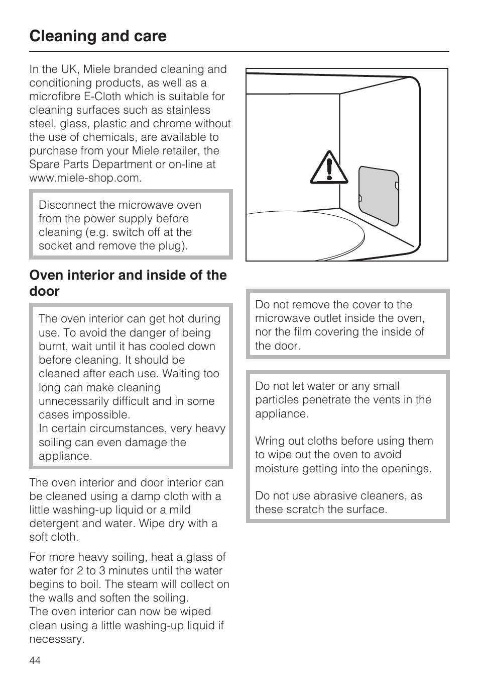 Cleaning and care 44, Oven interior and inside of the door 44, Cleaning and care | Oven interior and inside of the door | Miele M 8151-1 User Manual | Page 44 / 56