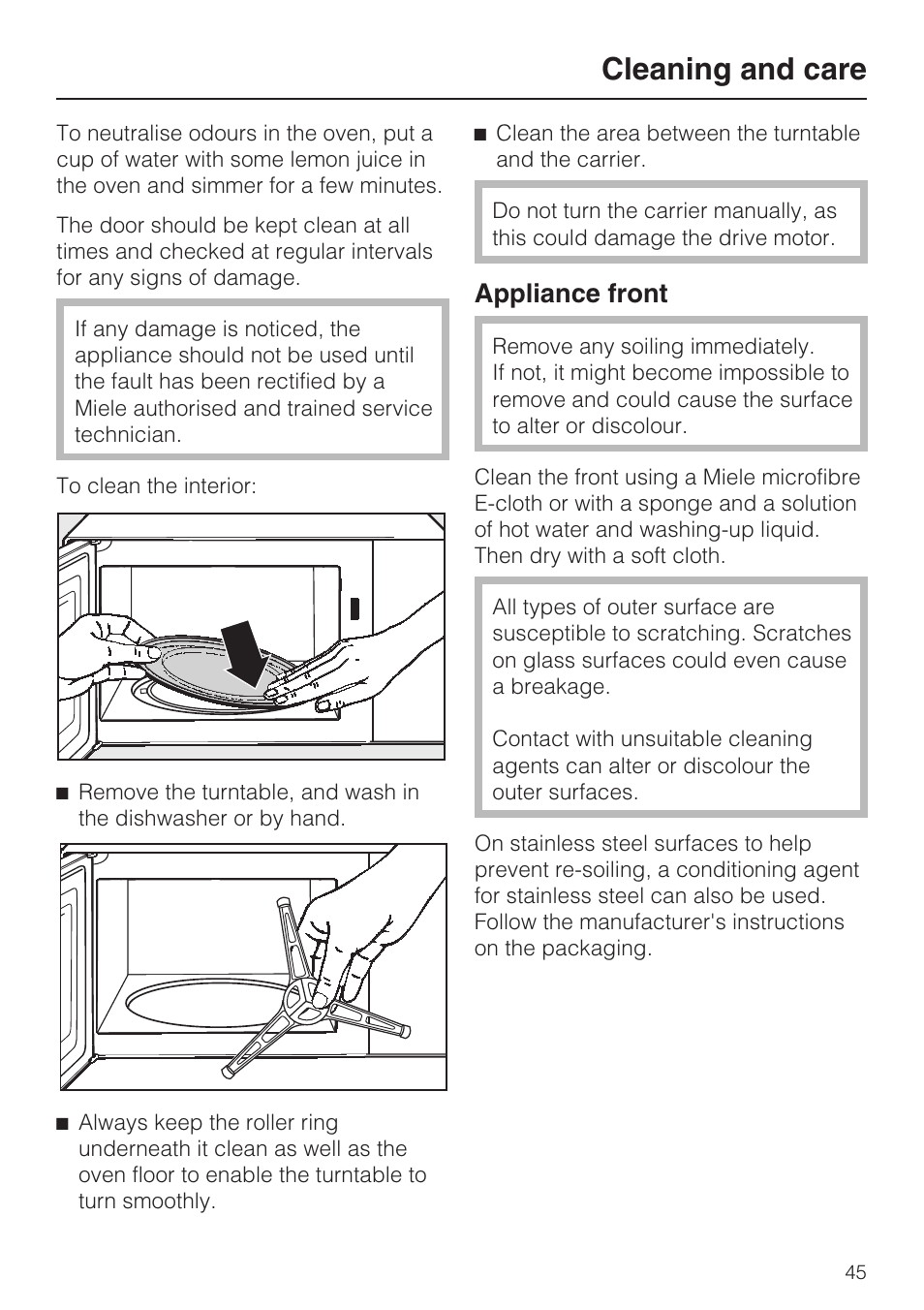Appliance front 45, Cleaning and care, Appliance front | Miele M 8151-1 User Manual | Page 45 / 56