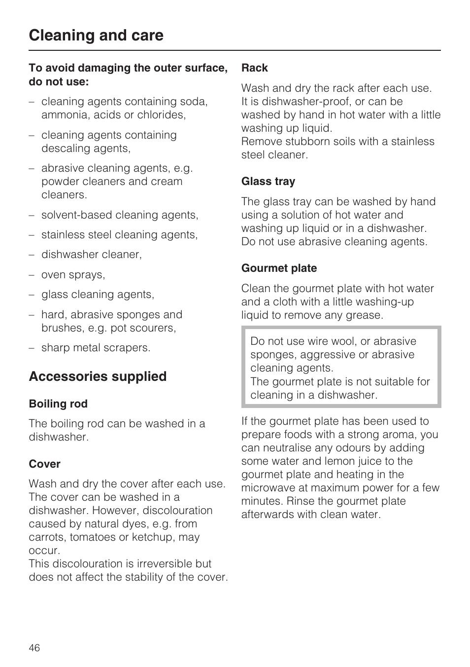 Accessories supplied 46, Cleaning and care, Accessories supplied | Miele M 8151-1 User Manual | Page 46 / 56
