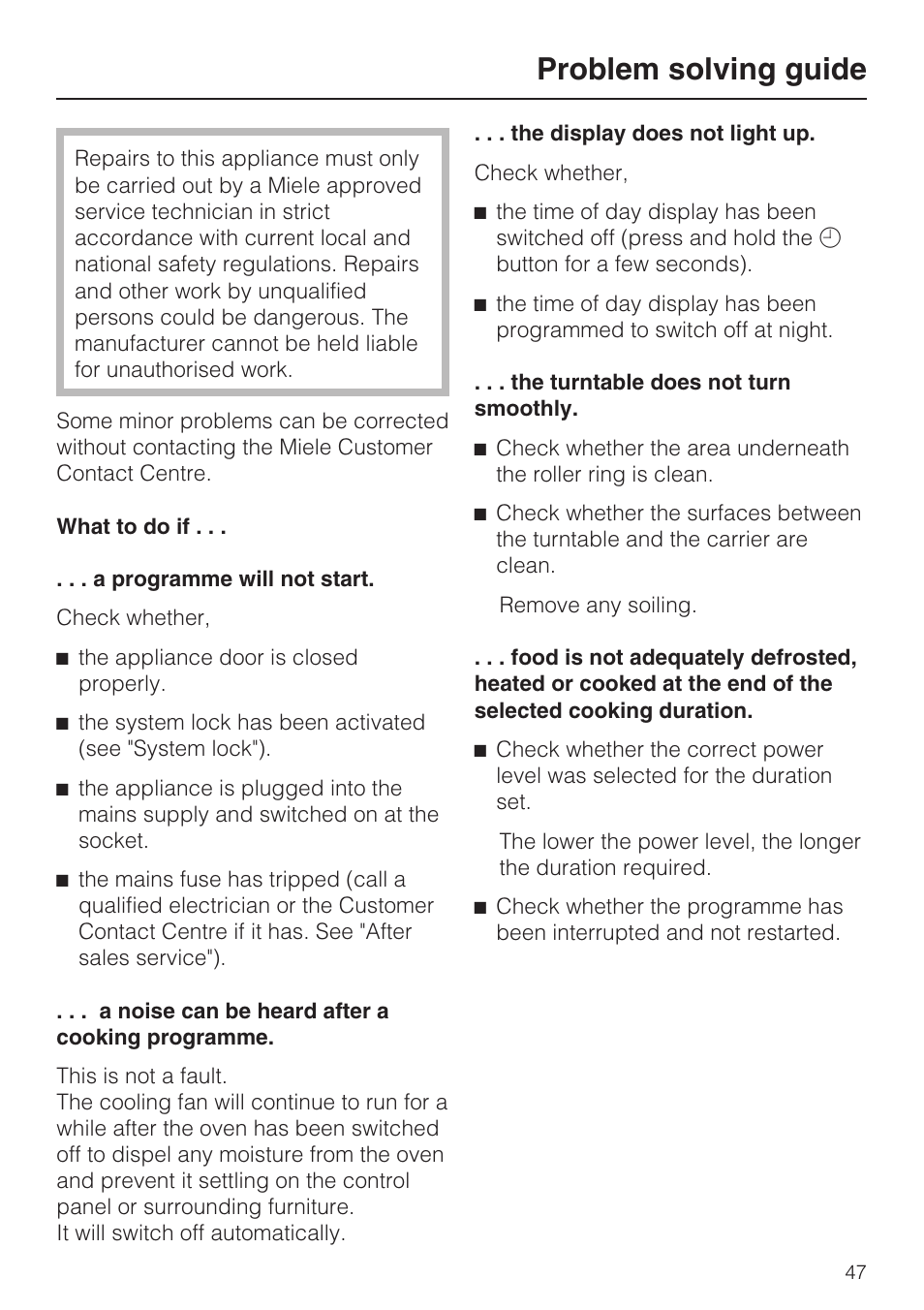 Problem solving guide 47, Problem solving guide | Miele M 8151-1 User Manual | Page 47 / 56