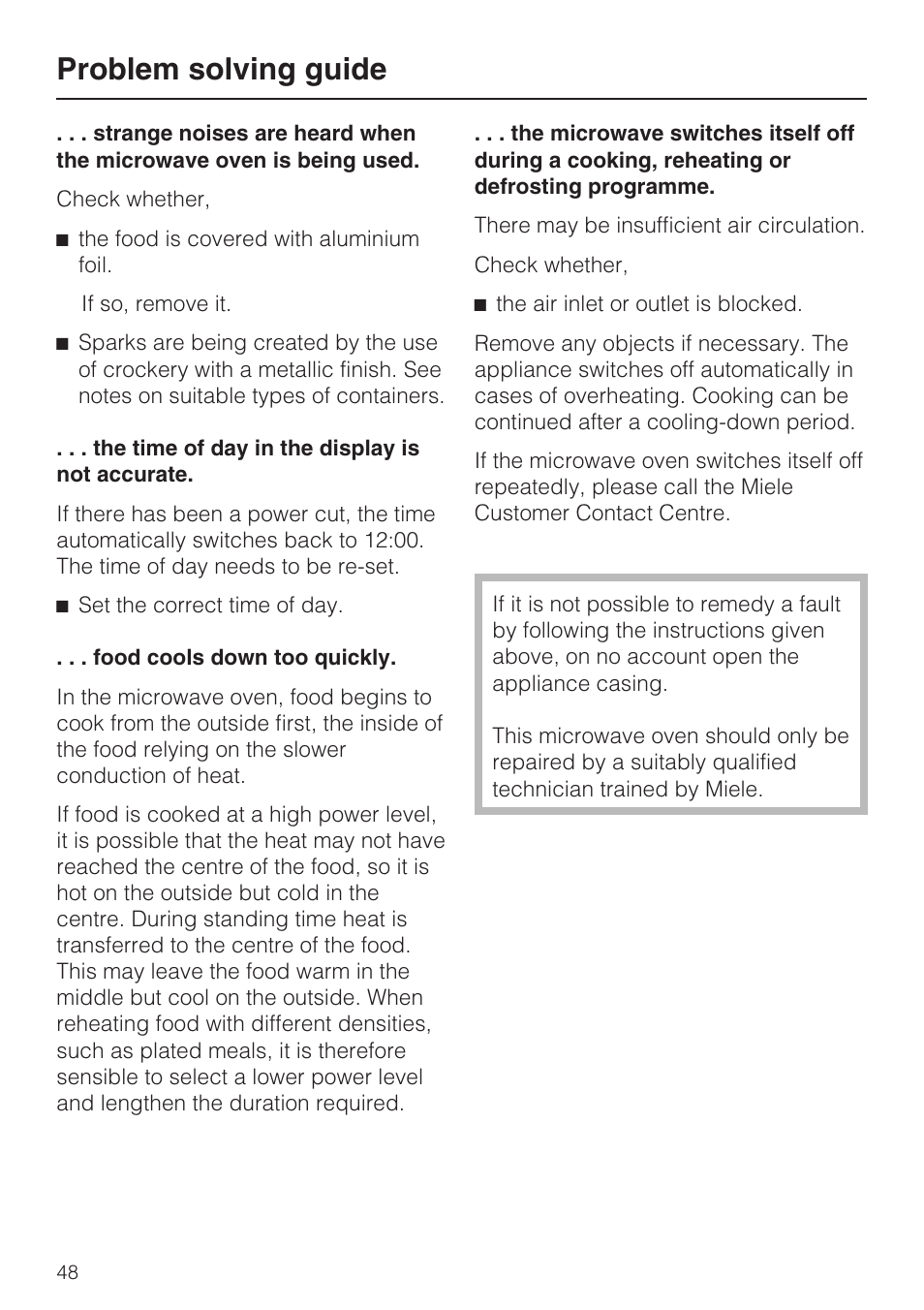 Problem solving guide | Miele M 8151-1 User Manual | Page 48 / 56