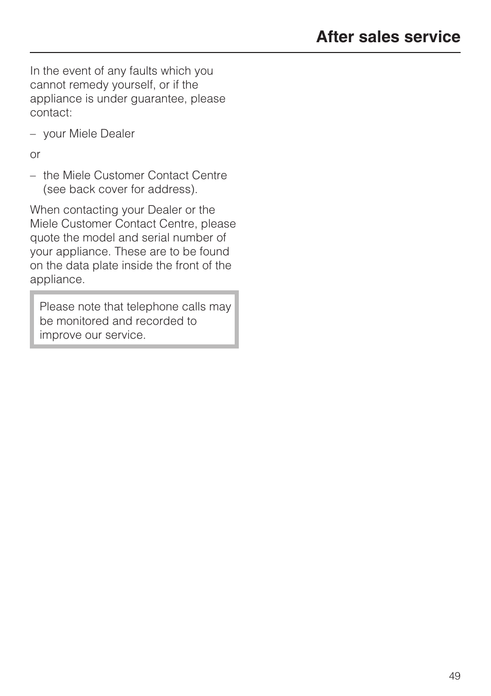 After sales service 49, After sales service | Miele M 8151-1 User Manual | Page 49 / 56